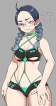  1girl 2021 agawa_ryou annoyed bare_shoulders bikini black_bikini black_hair breasts commentary glasses long_hair looking_down medium_breasts original solo swimsuit thick_thighs thighs underboob 