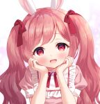  1girl :d animal_ears bangs blush bow bunny_ears chitosezaka_suzu commentary_request dress eyebrows_visible_through_hair glint hair_bow hands_up long_hair looking_at_viewer open_mouth original pink_dress pink_hair puffy_short_sleeves puffy_sleeves red_bow red_eyes short_sleeves smile solo twintails upper_body 