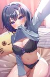  1girl arm_up bangs bed_sheet black_bra black_panties blush bow bow_bra bow_panties bra breasts cat_pillow cleavage clothes_lift eyebrows_visible_through_hair grey_sweater hair_ornament hairclip itoi_toi large_breasts lifted_by_self long_sleeves looking_at_viewer mouth_hold on_bed original outstretched_arm panties pillow purple_bow purple_eyes purple_hair selfie short_hair signature sitting skindentation smile solo sweater sweater_lift twitter_username underwear 