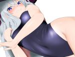  1girl blue_eyes blush clenched_teeth competition_swimsuit elaina_(majo_no_tabitabi) embarrassed highleg highleg_swimsuit long_hair lying majo_no_tabitabi navel on_side one-piece_swimsuit purple_swimsuit shiny shiny_hair shiny_skin silver_hair solo swimsuit teeth very_long_hair white_background yadokari_genpachirou 