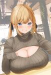  1girl absurdres bangs black_ribbon blonde_hair blue_eyes blush breast_rest breasts cleavage grey_sweater hair_ribbon highres huge_breasts long_hair looking_at_viewer neneneji original ribbed_sweater ribbon sleeves_past_wrists smile solo sweater teeth turtleneck turtleneck_sweater upper_body 