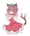  1girl :d animal_ears bow bowtie bright_pupils brown_hair cat_ears cat_tail chen cosmicmind cowboy_shot cropped_legs dress earrings eyebrows_visible_through_hair hat jewelry mob_cap multiple_tails musical_note nekomata open_mouth outline paw_pose paw_print pink_eyes red_dress short_hair simple_background single_earring smile solo tail touhou two_tails white_background white_neckwear white_pupils 