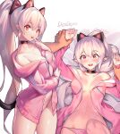  1girl animal_ears areola_slip areolae bow bow_panties breasts cat_ears character_name highres jacket ludaf medium_breasts multiple_views navel no_bra open_clothes open_jacket open_mouth panties pink_panties pov pov_hands red_eyes shiny shiny_skin silver_hair solo_focus tail underwear 