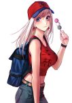  1girl applekun backpack bag baseball_cap belt belt_buckle blue_eyes blush breasts buckle chaldea_logo closed_mouth clothes_writing cowboy_shot dango denim earrings fate/grand_order fate_(series) food from_side hat highres holding holding_food jeans jewelry large_breasts long_hair looking_at_viewer looking_to_the_side miyamoto_musashi_(fate) navel pants red_headwear red_tank_top sanshoku_dango silver_hair simple_background sleeveless smile solo tank_top wagashi white_background wristband 