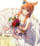  1girl :d animal_ears bare_shoulders blue_flower blue_rose bouquet breasts bride cleavage collarbone dermar dress eyebrows_visible_through_hair flower from_above hair_flower hair_ornament highres holding holding_bouquet horse_ears horse_girl long_hair mayano_top_gun_(umamusume) open_mouth orange_hair petals pink_flower pink_rose red_flower red_rose rose simple_background small_breasts smile solo umamusume wedding_dress white_dress yellow_eyes yellow_flower yellow_rose 