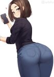  1girl ass black_shirt blue_eyes blue_nails blue_pants blush brown_hair closed_mouth commentary denim freckles from_behind heart highres holding holding_phone iwbitu-sa jeans looking_at_viewer mole mole_under_eye nail_polish pants pantylines phone samsung samsung_sam shirt short_hair simple_background smile solo white_background 