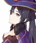  1girl bare_shoulders blue_eyes breasts capelet cleavage fur_trim genshin_impact hair_ornament hat highres mona_megistus purple_hair samuel-one simple_background smile solo twintails upper_body white_background witch_hat 
