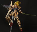  1girl absurdres bangs beam_rifle beam_saber black_background blonde_hair blue_eyes cosplay energy_gun english_commentary frown gun gundam gunpla hat_(thehatweaver) highres holding holding_gun holding_sword holding_weapon hoshino_char hyaku_shiki hyaku_shiki_(cosplay) mecha_musume model_kit navel plamo ponytail solo sword tied_hair tsunderia virtual_youtuber weapon zeta_gundam 