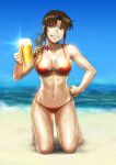  1girl alcohol azasuke beach beer beer_mug bikini black_lagoon blue_eyes blue_sky breasts brown_hair clenched_hand cup day drinking_glass grin hand_on_hip highres holding holding_cup kneeling long_hair looking_at_viewer mug navel ocean outdoors ponytail red_bikini revy_(black_lagoon) sky smile solo sweat swimsuit tattoo wet 
