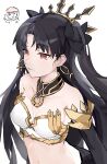  2girls armlet bandeau bangs black_gloves black_hair breasts chinese_commentary cleavage collar commentary_request corrupted_exif_data earrings elbow_gloves fate/grand_order fate_(series) gloves highres hoop_earrings ikarosu_(ikarosu01) ishtar_(fate) ishtar_(fate)_(all) jewelry long_hair midriff multiple_girls navel object_on_head panties panties_on_head red_eyes simple_background small_breasts stomach strapless striped striped_panties thumbs_up tiara tubetop two_side_up underwear upper_body very_long_hair white_background 