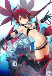  1girl absurdres belt black_gloves black_shorts boots choker closed_mouth demon_girl demon_tail demon_wings disgaea earrings elbow_gloves etna fang flat_chest gloves groin high_heels highres huge_filesize jewelry looking_at_viewer makai_senki_disgaea navel nishiide_kengorou outstretched_arms pointy_ears red_eyes red_hair red_legwear red_wings short_shorts shorts skin_fang skirt skull_earrings solo stomach tail thighhighs toned twintails wings 