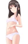  1girl :d absurdres bangs bare_arms black_hair blush bow bow_panties bra breasts collarbone eyebrows_visible_through_hair groin hair_ribbon highres long_hair looking_at_viewer marui_koishi navel open_mouth original panties ribbon simple_background small_breasts smile solo underwear underwear_only white_background white_bow white_bra white_panties white_ribbon yellow_eyes 