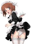 1girl :o absurdres alternate_costume apron ass blush brown_eyes brown_hair clothes_lift commentary cup drinking_glass embarrassed enmaided excel_(shena) eyebrows_visible_through_hair frilled_apron frills garter_belt garter_straps girls_und_panzer highres looking_back maid maid_headdress nishizumi_miho panties short_hair skirt skirt_lift solo thighhighs thighs tray underwear water white_legwear white_panties 
