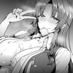  1girl after_paizuri blush bow breasts condom condom_in_mouth condom_wrapper cum cum_on_body cum_on_breasts dutch_angle fingernails greyscale hair_bow hand_up heart heart-shaped_pupils hiroya_juuren hong_meiling large_breasts long_hair looking_at_viewer monochrome mouth_hold open_clothes open_vest side_braids smile solo steaming_body symbol-shaped_pupils touhou v vest 