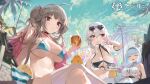  3girls aqua_bikini azur_lane balloon bikini black_bikini black_hairband blue_bikini blue_hair blue_sky blurry blurry_foreground braid braided_bun breasts bsue center_frills choker closed_eyes clothing_cutout commentary_request criss-cross_halter crossed_legs cup dido_(azur_lane) double_bun earrings eyewear_on_head feather_boa ferris_wheel formidable_(azur_lane) formidable_(the_lady_of_the_beach)_(azur_lane) frills hair_between_eyes hairband halterneck heart heart-shaped_eyewear highres holding holding_cup huge_breasts jewelry large_breasts loading_screen long_hair looking_at_viewer looking_down manjuu_(azur_lane) multi-strapped_bikini multiple_girls o-ring o-ring_bikini o-ring_top official_alternate_costume official_art open_mouth palm_tree picnic_basket pink-framed_eyewear pink_choker platinum_blonde_hair red_eyes scrunchie shirt short_hair sideboob single_thighhigh sirius_(azur_lane) sirius_(midsummer_seirios)_(azur_lane) sitting skindentation sky sleeveless sleeveless_shirt sunglasses swimsuit teacup thighhighs tree underboob underboob_cutout very_long_hair white_hair white_scrunchie white_shirt wrist_scrunchie 