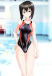  1girl absurdres bangs black_hair black_swimsuit blurry bob_cut brown_eyes commentary_request competition_swimsuit cowboy_shot depth_of_field girls_und_panzer highres huge_filesize kawashima_momo lane_line lifeguard_chair looking_at_viewer multicolored multicolored_clothes multicolored_swimsuit one-piece_swimsuit pool poolside short_hair solo swimsuit takafumi 