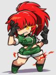  1girl bangs black_gloves chibi crazy_eyes crop_top cropped_jacket dark_persona earrings fang gloves green_jacket green_shorts high_ponytail ibara. jacket jewelry leona_heidern looking_at_viewer midriff military military_uniform orochi_leona ponytail red_hair shorts snk soldier solo the_king_of_fighters the_king_of_fighters_&#039;97 triangle_earrings uniform white_background yellow_eyes 