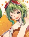  1girl ;d bangs goggles goggles_on_head green_eyes green_hair gumi hair_between_eyes manya_sora medium_hair one_eye_closed open_mouth shiny shiny_hair sidelocks sleeveless smile solo upper_body vocaloid 