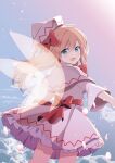  1girl absurdres aqua_eyes blonde_hair bow capelet cherry_blossoms cloud dress fairy_wings floating_hair fujishiro_emyu hat highres lily_white long_hair long_sleeves looking_at_viewer outstretched_arms sky smile solo touhou transparent_wings white_capelet white_dress white_headwear wind wings 