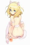  1girl animal_ears arm_scrunchie ass back bangs bare_shoulders blonde_hair blue_eyes blush bra breasts cat_ears cat_tail eyebrows_visible_through_hair eyes_visible_through_hair fake_animal_ears fake_tail frilled_panties frills from_behind girls_und_panzer hair_between_eyes looking_at_viewer looking_back medium_hair open_mouth oshida_(girls_und_panzer) panties paw_print paw_print_soles print_legwear shoulder_blades simple_background sitting solo tail tan3charge thighhighs underwear white_bra white_legwear white_panties 