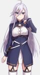  1girl 86_-eightysix- ahoge bangs blue_eyes blue_jacket blush breasts elfenlied22 jacket large_breasts long_hair long_sleeves looking_at_viewer military military_uniform silver_hair smile solo thighhighs uniform vladilena_millize white_legwear 