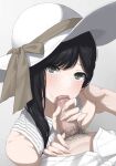  1girl bangs bare_shoulders black_hair blush breasts erection fellatio grey_eyes hat hetero highres kaminari_doon long_hair looking_at_viewer male_pubic_hair oral original penis pubic_hair shirt sleeveless sleeveless_shirt sun_hat swept_bangs white_headwear white_shirt 