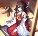  .me 1girl ascot bangs blush bow brown_eyes brown_hair chromatic_aberration commentary_request cup cushion detached_sleeves dress ear_cleaning eyebrows_visible_through_hair food frills fruit hair_between_eyes hair_bow hair_tubes hakurei_reimu highres holding indoors lap_pillow_invitation long_hair long_sleeves looking_at_viewer mimikaki nontraditional_miko open_mouth orange_(food) red_bow red_dress ribbon-trimmed_sleeves ribbon_trim sitting solo table touhou very_long_hair wide_sleeves yellow_neckwear zabuton 