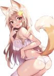  1girl :3 animal_ears annytf ass bare_arms bare_shoulders bent_over bikini breasts brown_eyes brown_hair closed_mouth fox_ears fox_girl fox_tail from_behind hair_ornament highres indie_virtual_youtuber long_hair looking_at_viewer looking_back medium_breasts sidelocks simple_background smile solo squchan star_(symbol) star_hair_ornament swimsuit tail tail_raised thighhighs thighs tongue tongue_out virtual_youtuber white_background white_bikini white_legwear 