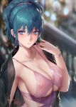  1girl alternate_costume alternate_hairstyle bangs bare_shoulders black_jacket blue_eyes blue_hair blush bracelet breasts byleth_(fire_emblem) byleth_(fire_emblem)_(female) chihunhentai cleavage collarbone covered_nipples dress earrings embarrassed fire_emblem fire_emblem:_three_houses highres jacket jacket_on_shoulders jewelry large_breasts looking_away looking_to_the_side medium_hair parted_lips pink_dress ponytail see-through sideboob solo underboob 