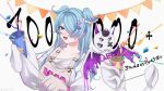  1girl animal_ears bangs black_sclera blue_eyes clenched_hand collarbone colored_sclera confetti dragon dragon_ears dragon_girl elira_pendora extra_eyes fangs gloves grey_gloves grey_overalls hair_over_one_eye highres looking_to_the_side milestone_celebration nijisanji nijisanji_en party_popper pikl_(elira_pendora) purple_eyes sekirou_(taroro_03) single_glove sleeves_past_fingers sleeves_past_wrists smile solo_focus sweater virtual_youtuber white_background white_sweater 