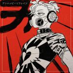  1boy bad_boy_(module) bags_under_eyes chain collar commentary english_commentary expressionless gas_mask greyscale half-closed_eyes headphones heart heart_print kagamine_len mixed-language_commentary mochidayo_(kaiju) monochrome project_diva_(series) red_background serious shirt short_ponytail solo tight tight_shirt unhappy_refrain_(vocaloid) vocaloid 
