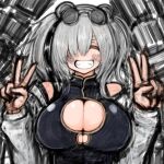  1girl arknights black_hair blush breasts cleavage cleavage_cutout closed_eyes clothing_cutout cool_(ningen_pump) double_v eyebrows eyewear_on_head facing_viewer feater_(arknights) grey_hair hair_over_one_eye large_breasts long_hair long_sleeves multicolored_hair parted_lips smile solo sunglasses teeth two-tone_hair upper_body v 