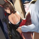  1boy 1girl akagi_(azur_lane) animal_ears azur_lane bangs bare_shoulders black_gloves black_kimono blush breasts brown_hair clothed_sex commander_(azur_lane) fox_ears fox_girl fox_tail gloves happy_sex hetero japanese_clothes kimono large_breasts long_hair long_sleeves looking_at_viewer multiple_tails nicky_w red_eyes sex sex_from_behind smile tail wide_sleeves 