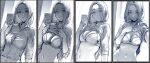  1girl absurdres bra bra_through_clothes breasts cellphone clothes_lift commentary english_commentary greyscale groin hews highres holding holding_phone lifted_by_self looking_at_viewer medium_breasts mole mole_on_breast mole_under_eye monochrome multiple_views navel phone samsung samsung_sam selfie shirt shirt_lift short_hair sketch underwear 