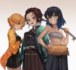  3girls agatsuma_zenitsu bandeau bare_shoulders belt black_hair black_skirt blue_hair breasts brown_hair checkered earrings genderswap genderswap_(mtf) gradient_hair green_eyes green_jacket grin hand_on_hip haori hashibira_inosuke highres jacket japanese_clothes jewelry kamado_tanjirou katana kimetsu_no_yaiba long_sleeves looking_at_viewer medium_breasts medium_hair miniskirt multicolored_hair multiple_girls navel neko_yuusya open_mouth orange_eyes orange_hair orange_jacket pleated_skirt red_eyes scar scar_on_face scar_on_forehead short_hair skirt skirt_set smile sword twitter_username uniform weapon white_belt 