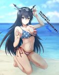  1girl absurdres american_flag_bikini beach bikini black_hair blue_sky blurry breasts cleavage cloud commentary_request day depth_of_field flag_print front-tie_top full_body headgear highres honma_(honmatomohiro) horizon kantai_collection kneeling large_breasts long_hair looking_at_viewer nagato_(kancolle) ocean outdoors red_eyes side-tie_bikini sky solo swimsuit translation_request 