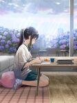  1girl black_hair blue_shorts building chair cityscape closed_mouth cloud cloudy_sky couch cup flower highres holding holding_pencil hydrangea indoors kazuharu_kina long_hair looking_down notebook orange_scrunchie original pencil ponytail purple_flower rain red_eyes scenery scrunchie shirt short_sleeves shorts sitting sky socks solo striped striped_legwear t-shirt table wariza white_shirt window writing 