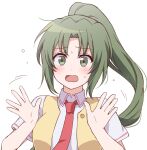  1girl blush breasts collared_shirt commentary embarrassed eyebrows_visible_through_hair green_eyes green_hair hands_up higurashi_no_naku_koro_ni long_hair looking_at_viewer mugisawa_(kmh0d) necktie open_clothes open_mouth open_vest ponytail red_neckwear school_uniform shirt short_sleeves simple_background solo sonozaki_mion sweatdrop upper_body vest white_background white_shirt 
