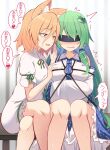  2girls animal_ear_fluff animal_ears blindfold blonde_hair breasts commentary_request detached_sleeves dress e.o. eyebrows_visible_through_hair fox_ears fox_girl frog_hair_ornament green_hair hair_between_eyes hair_ornament hair_tubes highres kochiya_sanae kudamaki_tsukasa large_breasts legs long_hair looking_at_another multiple_girls open_mouth restrained short_hair short_sleeves sitting smile snake_hair_ornament speech_bubble sweat touhou translation_request white_dress yuri 