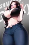  1girl akchu black_bra blue_pants bra breasts cleavage clothes_lift commentary curvy denim ear_clip from_below highres huge_breasts jeans lifted_by_self looking_at_viewer medium_hair navel open_fly pants purple_eyes samsung samsung_sam shirt_lift solo underwear 