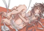  1girl animal_ears arknights ass bandaged_arm bandages bangs bare_arms bare_legs bare_shoulders barefoot breasts brown_hair chinese_commentary commentary_request eyjafjalla_(arknights) horns knees_up legs long_hair looking_at_viewer lying miyuan_ball naked_bandage on_back pink_eyes sarashi sheep_ears sheep_horns small_breasts smile solo thighs 