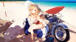  1girl azur_lane backless_swimsuit beach beach_umbrella breasts chinese_commentary cleavage closed_umbrella commentary_request frilled_swimsuit frills full_body ground_vehicle hat highleg highleg_swimsuit highres large_breasts long_hair looking_at_viewer motor_vehicle motorcycle multiple_straps official_alternate_costume one-piece_swimsuit orange_hair outdoors peugeot pink_eyes pink_swimsuit richelieu_(azur_lane) richelieu_(flagship_in_the_sea_breeze)_(azur_lane) sakura_sora sand see-through see-through_sleeves side-tie_swimsuit smile solo sun_hat surfboard swimsuit thigh_strap umbrella water white_footwear white_headwear white_innertube white_sleeves 