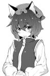  1girl animal_ears blush cat_ears chen chinese_clothes closed_mouth earrings greyscale hair_between_eyes hands_clasped hat hiroya_juuren interlocked_fingers jewelry long_sleeves looking_at_viewer mob_cap monochrome own_hands_together short_hair simple_background smile solo touhou upper_body vest white_background 