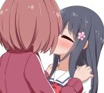  2girls age_difference black_hair blush brown_hair closed_eyes eyebrows_visible_through_hair flower hair_flower hair_ornament hand_on_another&#039;s_shoulder highres hoshino_miyako_(wataten) kiss long_hair miruzawa_akechi multiple_girls school_uniform shirosaki_hana short_hair watashi_ni_tenshi_ga_maiorita! white_background yuri 