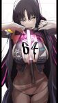  1girl bangs bare_shoulders between_breasts bikini black_bikini black_hair black_shirt blush body_writing bodystocking breasts cleavage clothes_lift facial_mark fate/grand_order fate_(series) forehead_mark halter_top halterneck highres large_breasts long_hair looking_at_viewer multicolored_hair necktie open_mouth parted_bangs pink_hair pink_neckwear sesshouin_kiara sesshouin_kiara_(swimsuit_mooncancer)_(fate) shirt shirt_lift solo streaked_hair swimsuit syatey tongue tongue_out traffic_baton very_long_hair yellow_eyes 