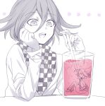  1boy :d bangs checkered checkered_scarf chikuwapan danganronpa_(series) danganronpa_v3:_killing_harmony eyebrows_visible_through_hair flipped_hair glass hair_between_eyes hat holding_drinking_straw jacket long_sleeves male_focus monochrome open_mouth ouma_kokichi scarf shoes sitting skirt smile solo spot_color upper_body upper_teeth witch_hat yumeno_himiko 
