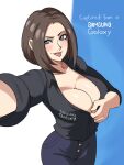  1girl artist_request black_shirt blue_eyes blue_pants breasts cleavage ear_piercing english_text highres holding holding_phone large_breasts looking_at_viewer mole mole_under_eye outstretched_arm pants phone piercing samsung samsung_sam selfie shiny shirt solo third-party_source tongue tongue_out 