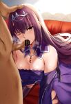  1boy 1girl bangs bar_censor bare_shoulders breasts censored cleavage detached_collar dress fate/grand_order fate_(series) feather_trim fellatio hair_between_eyes hetero highres jewelry kneeling large_breasts long_hair long_sleeves looking_at_viewer nicky_w oral pantyhose pendant penis purple_dress purple_hair purple_legwear red_eyes scathach_(fate)_(all) scathach_skadi_(fate) thighs tiara torn_clothes torn_legwear 