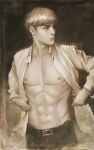  1boy abs artist_name belt belt_buckle buckle floch_forster highres looking_to_the_side male_focus nate_artuz navel nipples open_clothes open_shirt pants pectorals shingeki_no_kyojin short_hair solo standing 