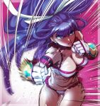  1girl aoba_(smartbeat) bikini blue_eyes breasts choker cleavage collarbone cross_choker elbow_gloves fate/grand_order fate_(series) gauntlets gloves highres large_breasts long_hair looking_at_viewer martha_(fate) martha_(swimsuit_ruler)_(fate) navel punching punching_at_viewer purple_hair red_gloves solo swimsuit thighs white_bikini 